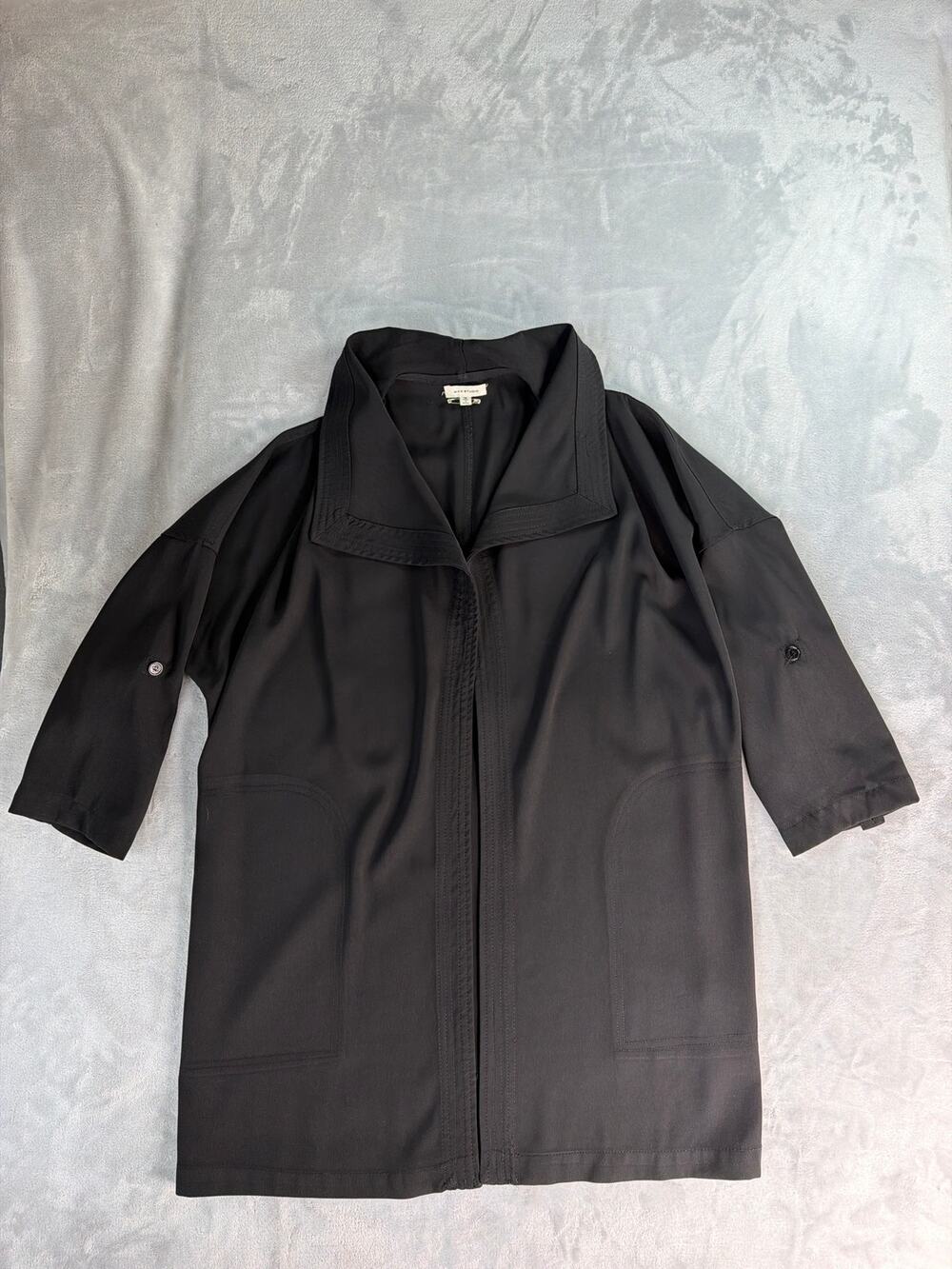 Max Studio Black Open Front Cardigan Jacket Medium M Draped Roll Tab 33.5"